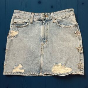 Carmar Light Wash Distressed Denim Miniskirt W/ Star Embellishment Size 26